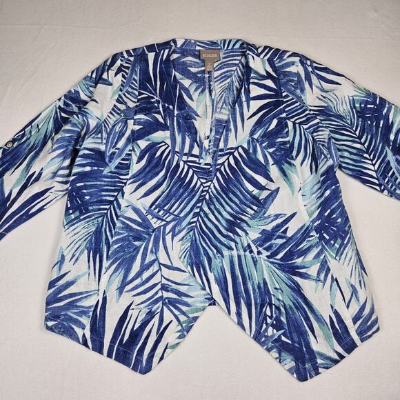 Chicos 2 Linen Open Blazer Jacket Roll Tab Sleeve White Blue Tropical Womens L - Picture 11 of 12